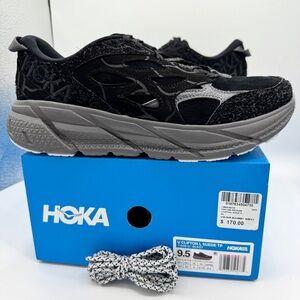 NWT Hoka Clifton Elite Terrain System L Suede Leather All Black Unisex Sneakers
